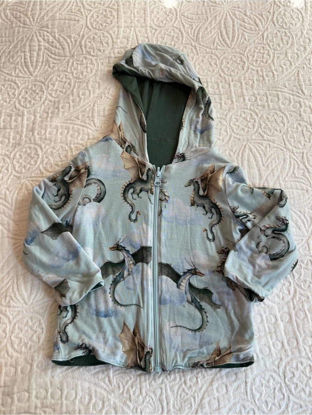 Light Blue Dragon Print Zip Hoodie